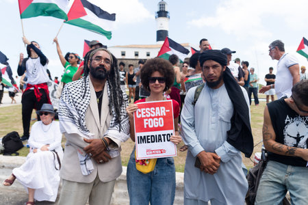 Salvador, Bahia, Brazil - November 11, 2023: Protesters are seen holding signs during a protest...