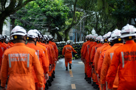 Salvador, Bahia, Brazil - September 07, 2023: Soldiers from the fire department are seen during the Brazilian Independence Day parade in the city of Salvador, Bahia.のeditorial素材