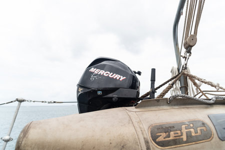 Salvador, Bahia, Brazil - October 08, 2023: Lifeboat from the Brazilian Navy ship Fragata Constituicao F42, docked at the seaport of the city of Salvador, Bahia.のeditorial素材