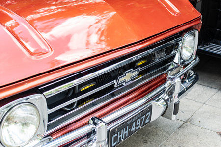 Salvador, Bahia, Brazil - November 1, 2014: Detail of a C10 Chevrolet car at a vintage car exhibition in the city of Salvador, Bahia.のeditorial素材