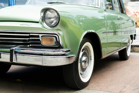 Salvador, Bahia, Brazil - November 1, 2014: Front part of a lime green 1969 Willys Itamaraty car at a vintage car exhibition in the city of Salvador, Bahia.のeditorial素材