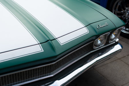 Salvador, Bahia, Brazil - November 1, 2014: Front part of the chevette, a chevrolet car, is seen at an exhibition of vintage cars in the city of Salvador, Bahia.のeditorial素材