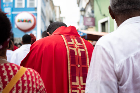 Salvador, Bahia, Brazil - December 04, 2023: Catholic priests are seen walking during a tribute to Santa Barbara in Pelourinho, city of Salvador, Bahia.のeditorial素材