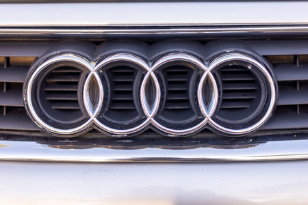 Salvador, Bahia, Brazil - December 02, 2023: Detail of the logo of an Audi car. City of Salvador, Bahia.のeditorial素材