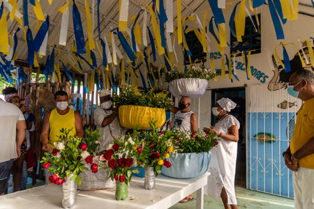 Salvador, Bahia, Brazil - January 30, 2022: Internal view of the Rio Vermelho fishing colony with gifts for Iemanja in the city of Salvador, Bahia.のeditorial素材