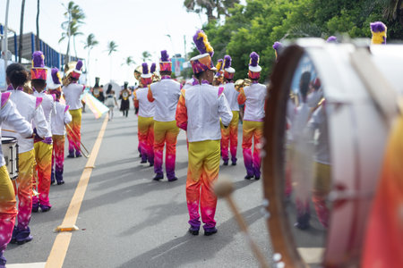 Salvador, Bahia, Brazil - February 11, 2023: Rear view of group of musicians playing wind instruments during Fuzue pre-carnival in the city of Salvador, Bahia.のeditorial素材