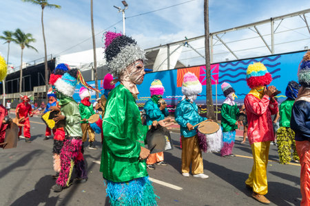 Salvador, Bahia, Brazil - February 11, 2023: Cultural group Zambiapunga parades during Fuzue, pre-carnival in the city of Salvador, Bahia.のeditorial素材