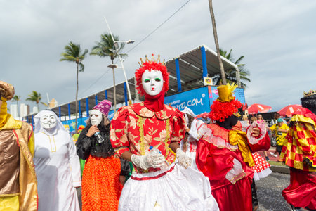 Salvador, Bahia, Brazil - February 11, 2023: Masked group of Maragojipe are seen during Fuzue, pre-carnival in the city of Salvador, Bahia.のeditorial素材