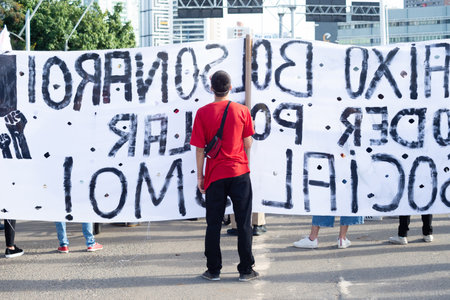 Salvador, Bahia, Brazil - June 07, 2020: People protest against President Jair Bolsonaro during the...