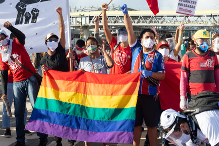 Salvador, Bahia, Brazil - June 07, 2020: Protesters protest against racism, violence and discrimination during the Covid-19 quarantine in the city of Salvador, Bahia.のeditorial素材