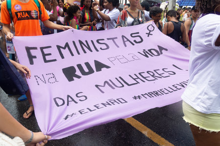 Salvador, Bahia, Brazil - March 08, 2020: Protesters are seen on Women Day protesting against...
