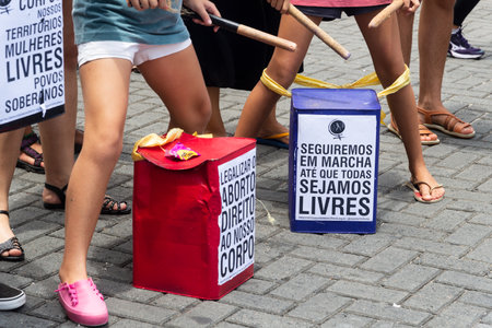 Salvador, Bahia, Brazil - March 08, 2020: Protesters are seen during International Women Day in the city of Salvador, Bahia.のeditorial素材