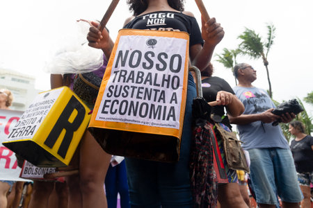 Salvador, Bahia, Brazil - March 08, 2020: Activists protest during the Women Day march in the city of Salvador, Bahia.のeditorial素材