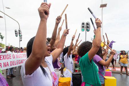 Salvador, Bahia, Brazil - March 08, 2020: Women protest against misogyny, violence and racism in the city of Salvador, Bahia.のeditorial素材
