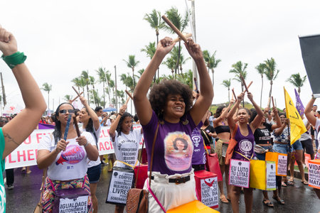Salvador, Bahia, Brazil - March 08, 2020: Protesters are seen during International Women Day in the city of Salvador, Bahia.のeditorial素材