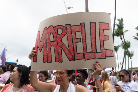Salvador, Bahia, Brazil - March 08, 2020: Activists protest during the Women Day march in the city of Salvador, Bahia.のeditorial素材