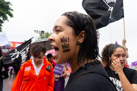 Salvador, Bahia, Brazil - March 08, 2020: Women are seen protesting during the Women Day march in the city of Salvador, Bahia.のeditorial素材