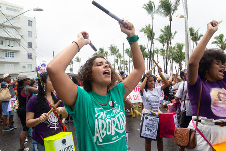 Salvador, Bahia, Brazil - March 08, 2020: Women protest against misogyny, violence and racism in the city of Salvador, Bahia.のeditorial素材