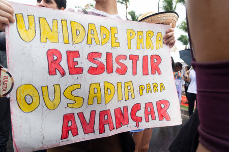 Salvador, Bahia, Brazil - March 08, 2020: Women are seen protesting during the Women Day march in the city of Salvador, Bahia.のeditorial素材