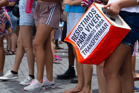 Salvador, Bahia, Brazil - March 08, 2020: Women protest against misogyny, violence and racism in the...