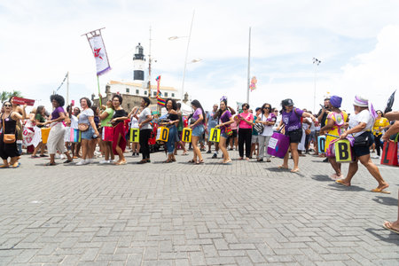 Salvador, Bahia, Brazil - March 08, 2020: Women are seen protesting during the Women Day march in the city of Salvador, Bahia.のeditorial素材