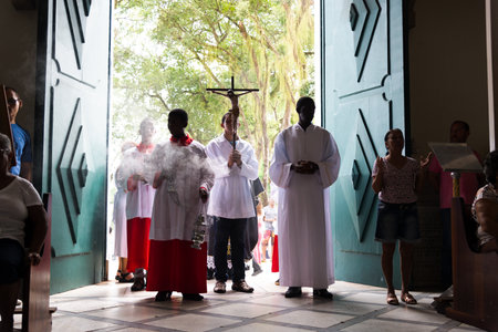 Salvador, Bahia, Brazil - November 2, 2018: Members of the Catholic church are seen at the Campo Santo cemetery church on the Day of the Dead holiday in the city of Salvador, Bahia.のeditorial素材