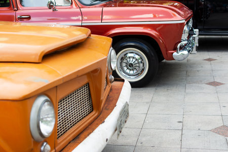 Salvador, Bahia, Brazil - November 1, 2014: Several cars of different makes and models are seen at an exhibition of old cars in PraÃ§a 2 de Julho in the city of Salvador, Bahia.のeditorial素材
