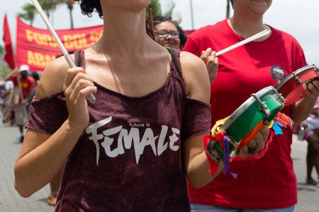 Salvador, Bahia, Brazil - March 08, 2020: Women protest against misogyny, violence and racism in the city of Salvador, Bahia.のeditorial素材