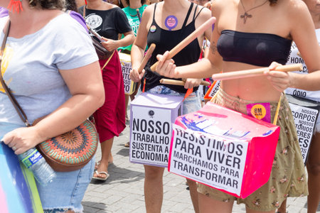 Salvador, Bahia, Brazil - March 08, 2020: Women are seen protesting during the Women Day march in the city of Salvador, Bahia.のeditorial素材