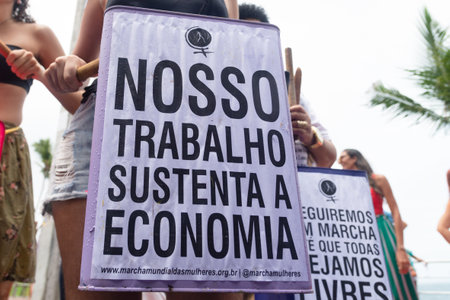 Salvador, Bahia, Brazil - March 08, 2020: Protesters are seen on Women Day protesting against machismo. City of Salvador, Bahia.のeditorial素材