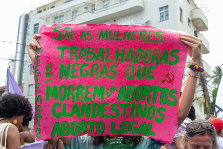 Salvador, Bahia, Brazil - March 08, 2020: Activists protest during the Women Day march in the city of Salvador, Bahia.のeditorial素材