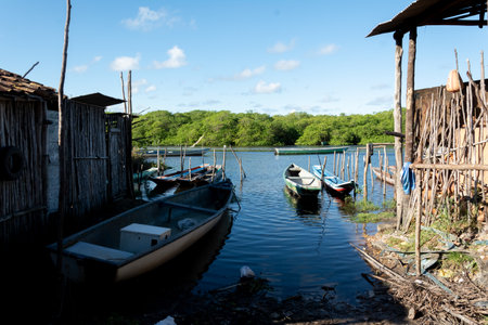 Aratuipe, Bahia, Brazil - May 30, 2015: Facade of a brickworks with wooden walls in Maragogipinho, city of Aratuipe in Bahia.のeditorial素材