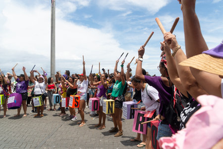 Salvador, Bahia, Brazil - March 08, 2020: Protesters are seen during International Women Day in the city of Salvador, Bahia.のeditorial素材