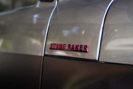Salvador, Bahia, Brazil - December 02, 2023: Detail of the symbol of a Studebaker car on display in the city of Salvador, Bahia.のeditorial素材