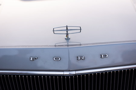 Salvador, Bahia, Brazil - December 02, 2023: Detail of the logo of a vintage Ford car on display in the city of Salvador, Bahia.のeditorial素材