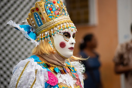 Maragogipe, Bahia, Brazil - February 11, 2024: People dressed in Venice carnival style are seen during the carnival in the city of Maragogipe, in Bahia.のeditorial素材
