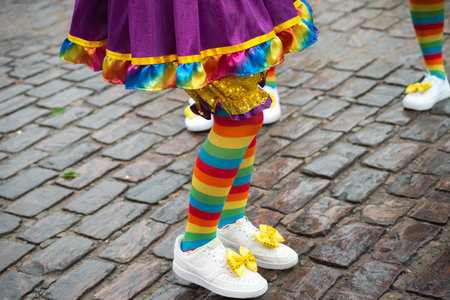Maragogipe, Bahia, Brazil - February 11, 2024: Lower part of people in costumes having fun during the carnival in the city of Maragogipe, in Bahia.のeditorial素材