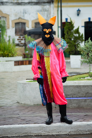 Maragogipe, Bahia, Brazil - February 11, 2024: People wearing Venetian carnival-style masks are seen during the carnival in the city of Maragogipe, in Bahia.のeditorial素材
