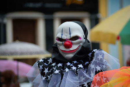 Maragogipe, Bahia, Brazil - February 11, 2024: People wearing horror masks are seen playing during the carnival in the city of Maragogipe, in Bahia.のeditorial素材