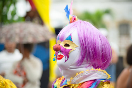 Maragogipe, Bahia, Brazil - February 11, 2024: People masked in different styles are seen playing during the carnival in the city of Maragogipe, Bahia.のeditorial素材