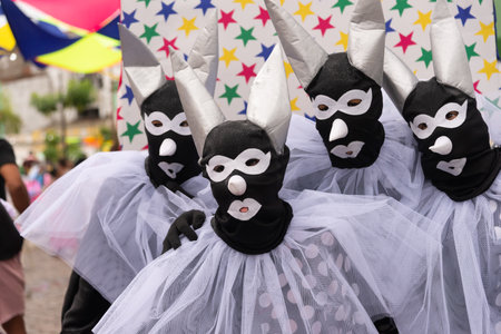 Maragogipe, Bahia, Brazil - February 11, 2024: People wearing costumes are seen parading during the carnival in the city of Maragogipe in Bahia.のeditorial素材