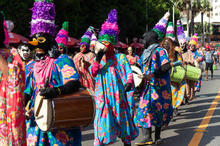 Salvador, Bahia, Brazil - February 03, 2024: Traditional cultural group is seen performing during the Fuzue pre-carnival parade in the city of Salvador, Bahia.のeditorial素材