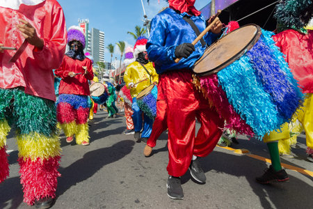 Salvador, Bahia, Brazil - February 03, 2024: Folklore group Zambiapunga is seen parading during the...