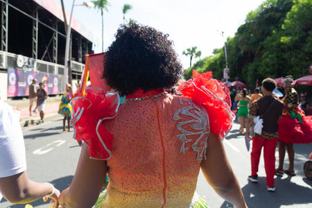 Salvador, Bahia, Brazil - February 03, 2024: Traditional cultural group is seen parading during the Fuzue pre-carnival parade in the city of Salvador, Bahia.のeditorial素材