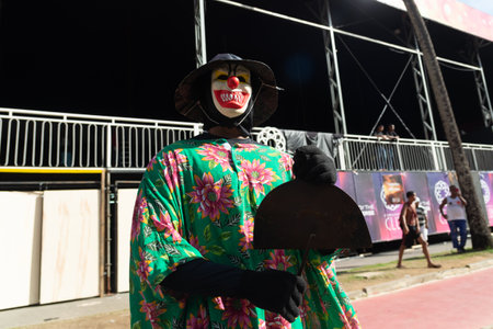 Salvador, Bahia, Brazil - February 03, 2024: Cultural group is parading during the Fuzue pre-carnival in the city of Salvador, Bahia.のeditorial素材