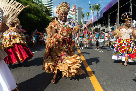Salvador, Bahia, Brazil - February 03, 2024: Cultural group is parading during the Fuzue pre-carnival in the city of Salvador, Bahia.のeditorial素材