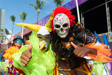 Salvador, Bahia, Brazil - February 03, 2024: People dressed in Venice Carnival style are seen parading during Fuzue in the city of Salvador, Bahia.のeditorial素材
