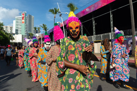 Salvador, Bahia, Brazil - February 03, 2024: Cultural group performs during the Fuzue pre-carnival in the city of Salvador, Bahia.のeditorial素材