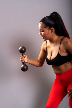 Beautiful brunette woman, in gym clothes, doing exercises with her arm holding black dumbbells. Healthy life. Against gray background.の写真素材