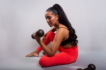 Athlete, brunette, happy and smiling woman in gym clothes, sitting doing exercises with dumbbells. Healthy life. Against gray background.の写真素材